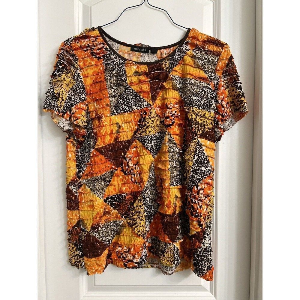 Notations Womens Blouse Size XL Orange Geometric Pattern Ruffles‎